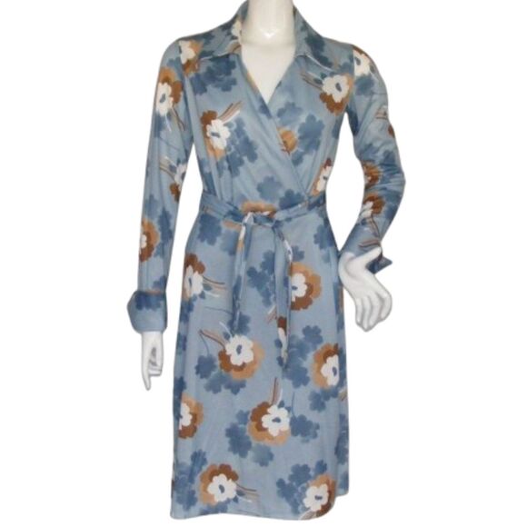 SEARS Vintage Wrap Dress, S/M Jr, Blue/Brown Floral, Long sleeves, Big collar - Picture 1 of 14